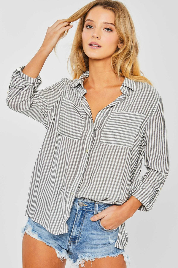 Love Tree Striped Collared Neck Long Sleeve Shirt - Wildly Max