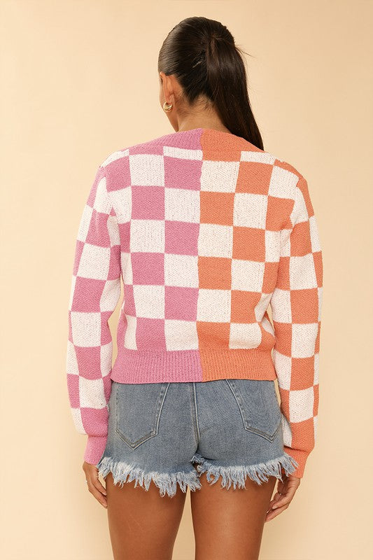 Two Tone Checkered Cropped Knit Cardigan - Wildly Max