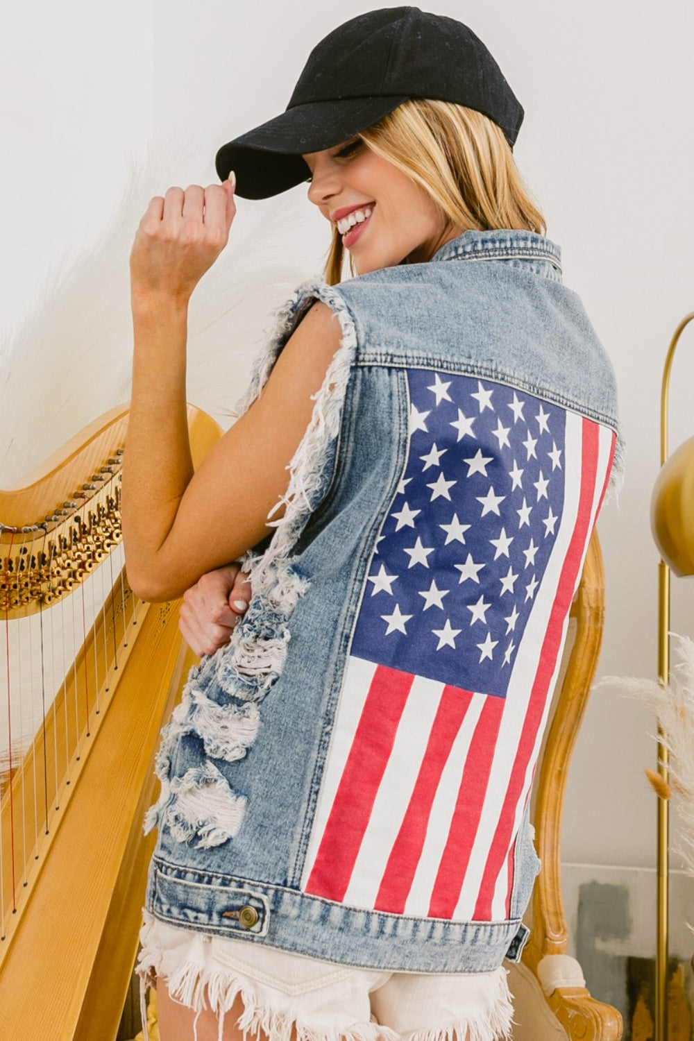 Distressed Raw Hem US Flag Sleeveless Denim Jacket by BiBi - Wildly Max