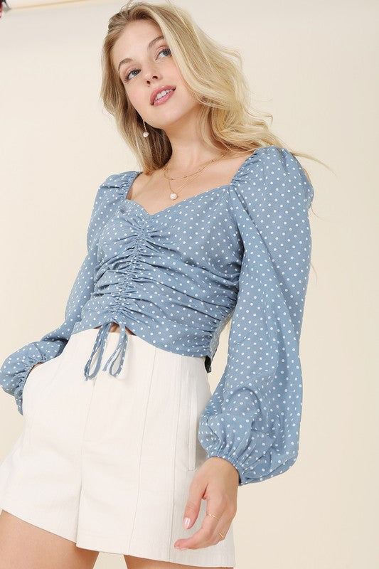 Ruched Polka Dot Crop Top with Puff Sleeves - Wildly Max
