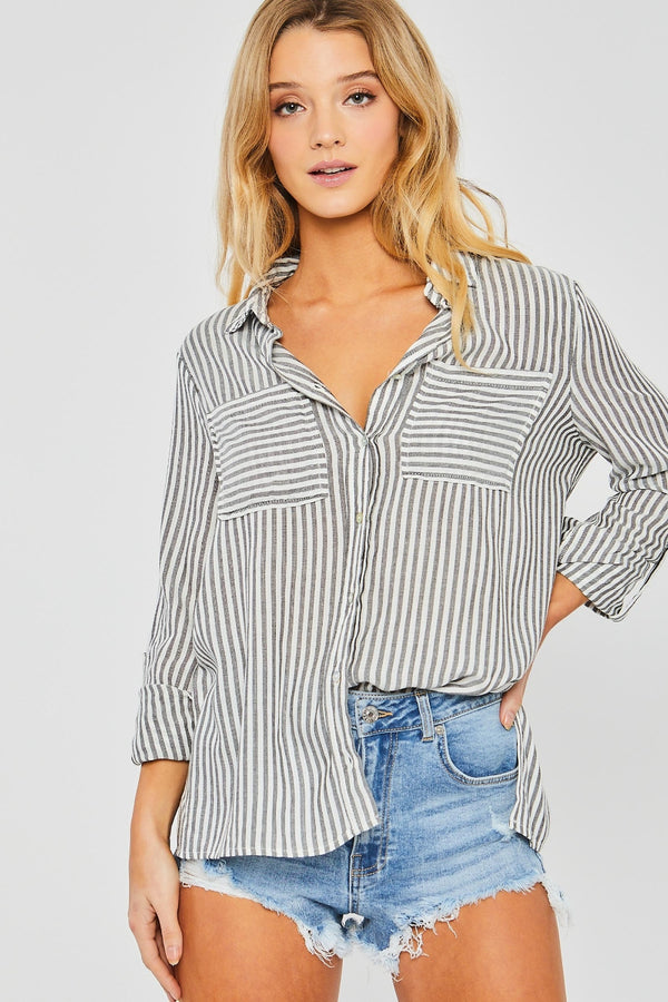 Love Tree Striped Collared Neck Long Sleeve Shirt - Wildly Max