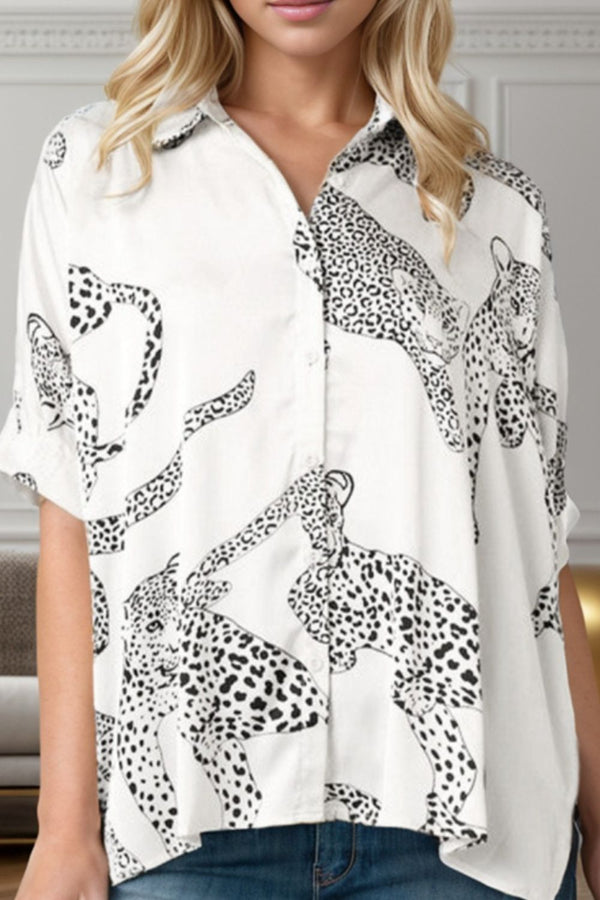 Leopard Printed Collared Neck Half Sleeve Shirt - Wildly Max