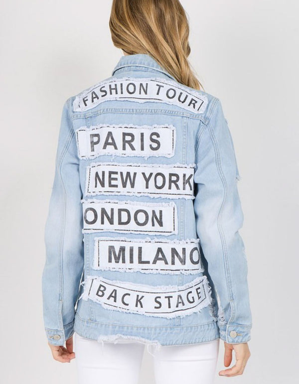 Letter Patched Distressed Denim Jacket by American Bazi - Wildly Max