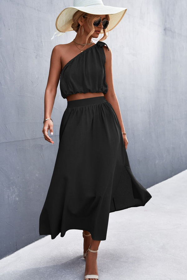 One-Shoulder Sleeveless Cropped Top and Skirt Set Wildly Max