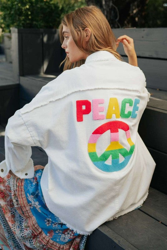 Multi Color Lettering PEACE Symbol Button Up Shirt - Wildly Max