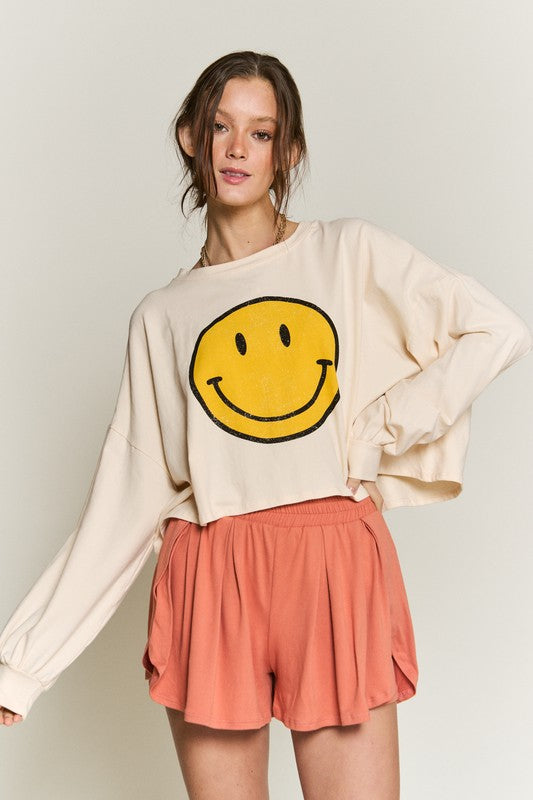 Smiley Face Long Sleeve Crop Top - Wildly Max