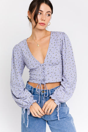 Puff Sleeve Lace-Up V-Neck Top - Wildly Max