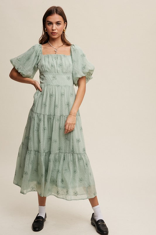 Flower Embroidered Puff Sleeve Tiered Maxi Dress