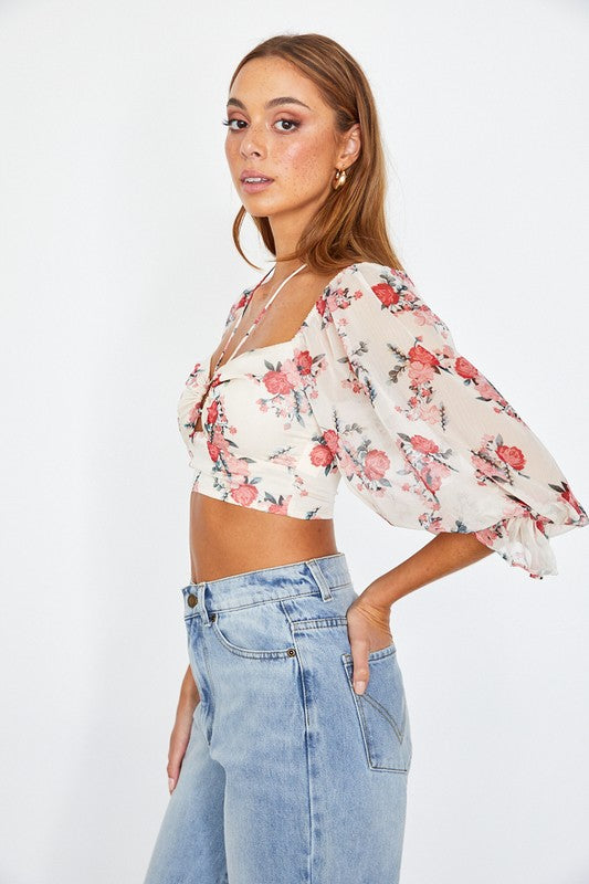 Floral Chiffon Balloon Sleeved Bustier Crop Top