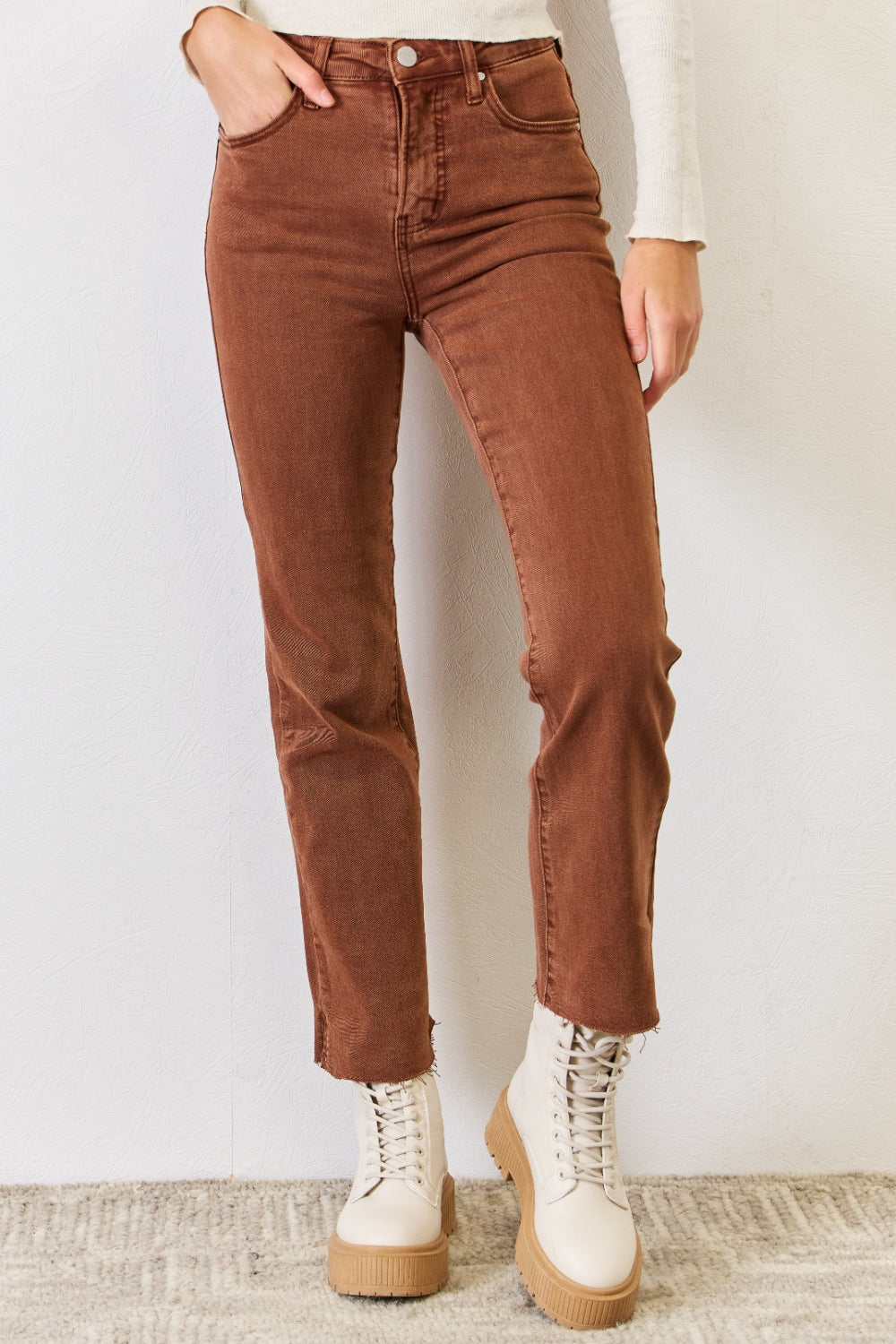 Espresso High Rise Tummy Control Straight Jeans by Risen - Wildly Max