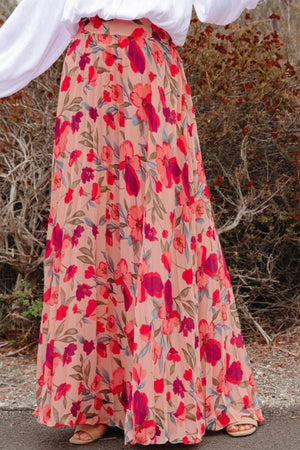 Floral Printed Elastic Waist Pleated Maxi Skirt Wildly Max